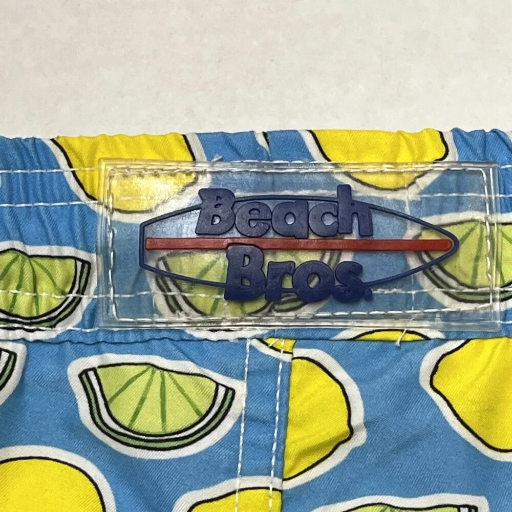 Beach Bros Swim Trunks Mens XL Blue Lemon &‎ Lime Print Bathing Suit Mesh Lined